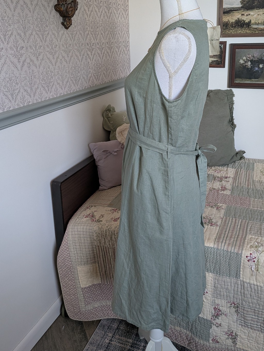 Nwt Grae Cove Sage Green Linen Cotton Tie Waist Dress S — image 2 of 8